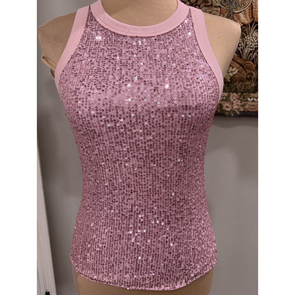 ChicMe Tank Top Womens Small Pink Sequin High Neck Sleeveless Knit Party Stretch